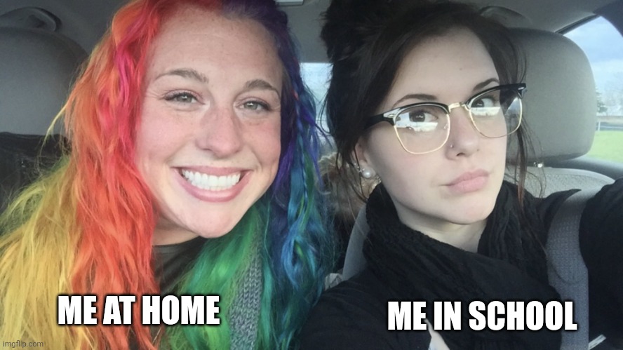 rainbow hair and goth | ME AT HOME; ME IN SCHOOL | image tagged in rainbow hair and goth | made w/ Imgflip meme maker