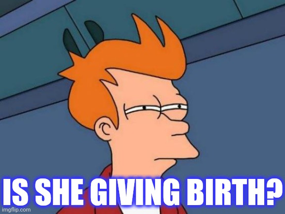 Futurama Fry Meme | IS SHE GIVING BIRTH? | image tagged in memes,futurama fry | made w/ Imgflip meme maker