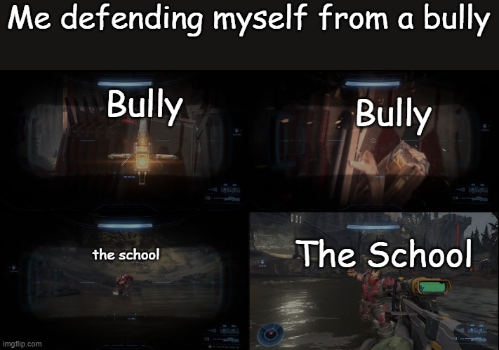 Is this just me? | Me defending myself from a bully; Bully; Bully; The School; the school | image tagged in halo infinite running brute | made w/ Imgflip meme maker