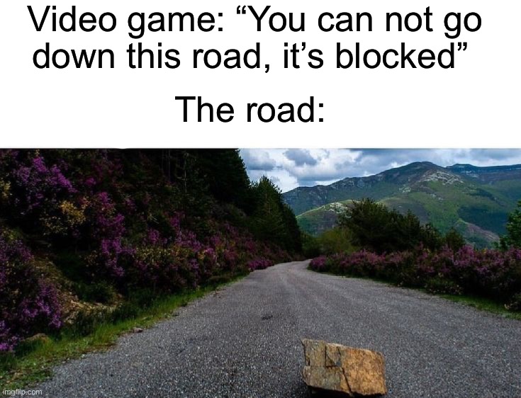 Video game: “You can not go down this road, it’s blocked”; The road: | image tagged in memes,funny,gaming | made w/ Imgflip meme maker