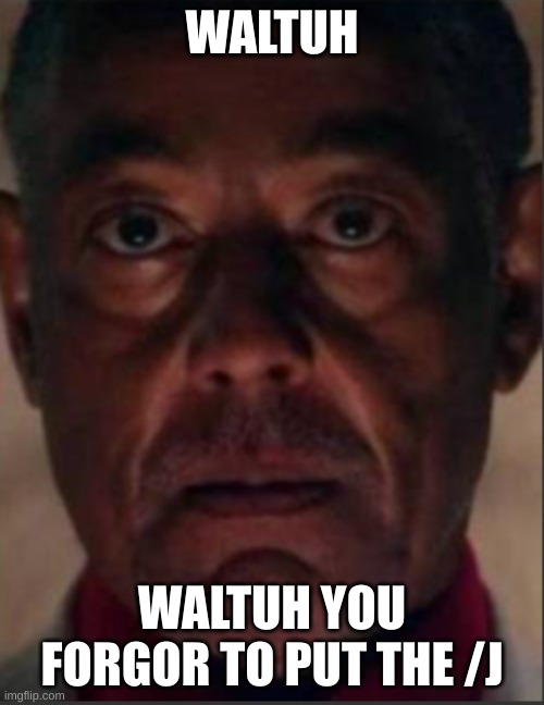 WALTUH WHERES THE /J WALTUH!? | WALTUH; WALTUH YOU FORGOR TO PUT THE /J | image tagged in gus fring | made w/ Imgflip meme maker