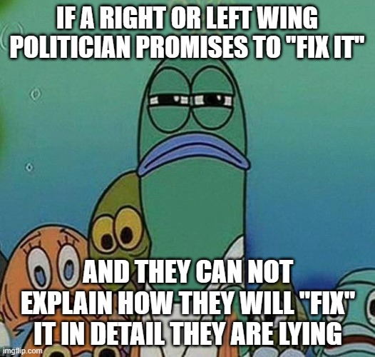 SpongeBob | IF A RIGHT OR LEFT WING POLITICIAN PROMISES TO "FIX IT"; AND THEY CAN NOT EXPLAIN HOW THEY WILL "FIX" IT IN DETAIL THEY ARE LYING | image tagged in spongebob | made w/ Imgflip meme maker