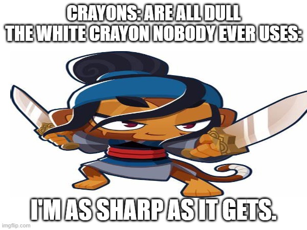 The white crayon doesn't work, never will, and is completely worthless. | CRAYONS: ARE ALL DULL
THE WHITE CRAYON NOBODY EVER USES:; I'M AS SHARP AS IT GETS. | image tagged in stupid,btd6,crayons,white | made w/ Imgflip meme maker