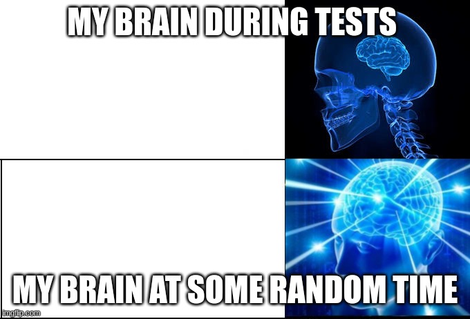 This happens to everybody | MY BRAIN DURING TESTS; MY BRAIN AT SOME RANDOM TIME | image tagged in galaxy brain 2 brains | made w/ Imgflip meme maker