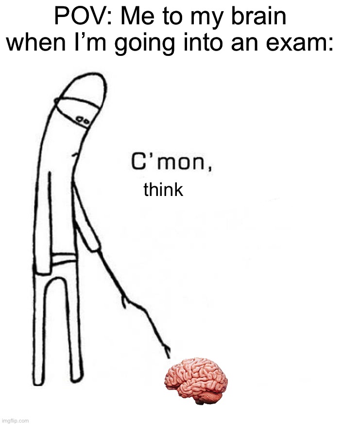 Somehow it always fails me while in an exam… | POV: Me to my brain when I’m going into an exam:; think | image tagged in cmon do something,memes,funny,true story,relatable memes,school | made w/ Imgflip meme maker