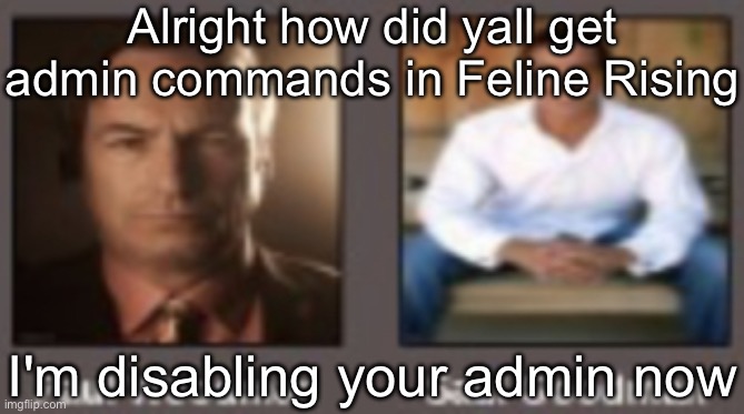 paul vs saul | Alright how did yall get admin commands in Feline Rising; I'm disabling your admin now | image tagged in paul vs saul | made w/ Imgflip meme maker