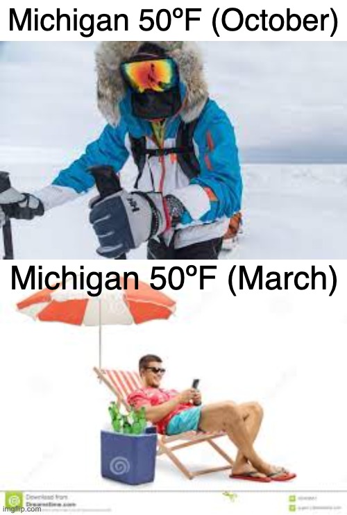People in Michigan be like | Michigan 50ºF (October); Michigan 50ºF (March) | image tagged in michigan,funny,memes | made w/ Imgflip meme maker