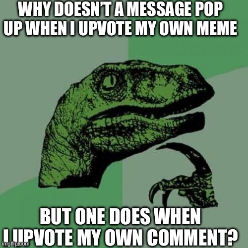 Philosoraptor | WHY DOESN’T A MESSAGE POP UP WHEN I UPVOTE MY OWN MEME; BUT ONE DOES WHEN I UPVOTE MY OWN COMMENT? | image tagged in memes,philosoraptor | made w/ Imgflip meme maker