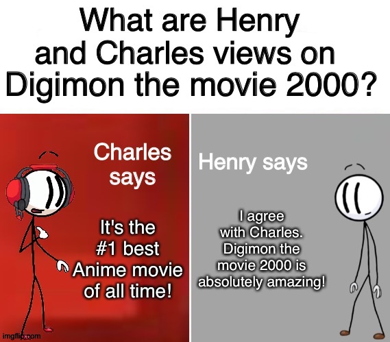 Even Henry and Charles love Digimon the movie 2000 | Digimon the movie 2000? I agree with Charles. Digimon the movie 2000 is absolutely amazing! It's the #1 best Anime movie of all time! | image tagged in henry and charles views | made w/ Imgflip meme maker
