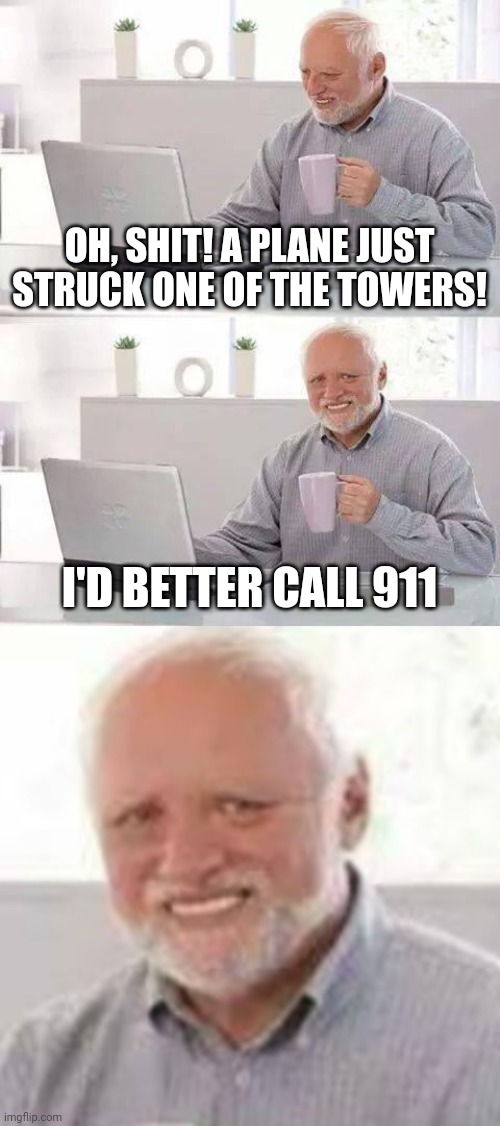 OH, SHIT! A PLANE JUST STRUCK ONE OF THE TOWERS! I'D BETTER CALL 911 | image tagged in memes,hide the pain harold | made w/ Imgflip meme maker