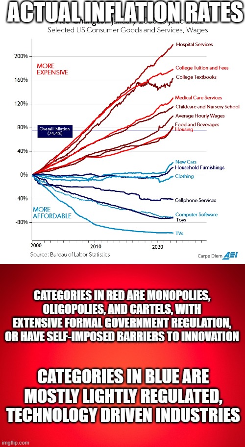 how freedom is corrupted | ACTUAL INFLATION RATES; CATEGORIES IN RED ARE MONOPOLIES, OLIGOPOLIES, AND CARTELS, WITH EXTENSIVE FORMAL GOVERNMENT REGULATION, OR HAVE SELF-IMPOSED BARRIERS TO INNOVATION; CATEGORIES IN BLUE ARE MOSTLY LIGHTLY REGULATED, TECHNOLOGY DRIVEN INDUSTRIES | image tagged in red background | made w/ Imgflip meme maker