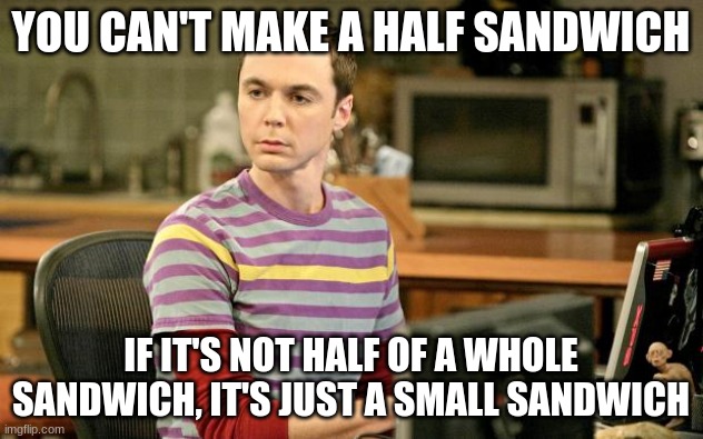 the big bang theory | YOU CAN'T MAKE A HALF SANDWICH; IF IT'S NOT HALF OF A WHOLE SANDWICH, IT'S JUST A SMALL SANDWICH | image tagged in sheldon big bang theory | made w/ Imgflip meme maker