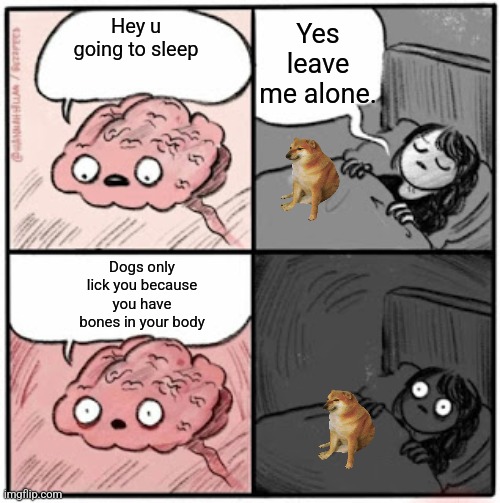 deep thoughts | Yes leave me alone. Hey u going to sleep; Dogs only lick you because you have bones in your body | image tagged in brain before sleep | made w/ Imgflip meme maker