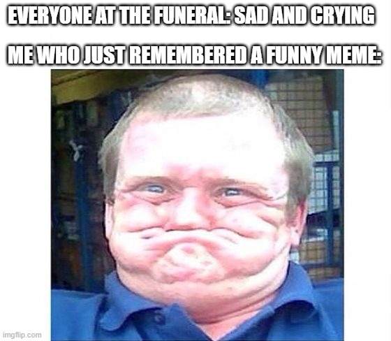 when you're trying not to laugh at something stupid | EVERYONE AT THE FUNERAL: SAD AND CRYING; ME WHO JUST REMEMBERED A FUNNY MEME: | image tagged in when you're trying not to laugh at something stupid | made w/ Imgflip meme maker