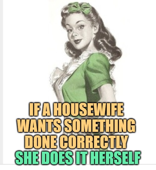 50's housewife | IF A HOUSEWIFE WANTS SOMETHING DONE CORRECTLY SHE DOES IT HERSELF | image tagged in 50's housewife | made w/ Imgflip meme maker