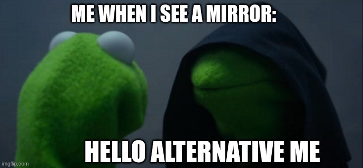 Evil Kermit | ME WHEN I SEE A MIRROR:; HELLO ALTERNATIVE ME | image tagged in memes,evil kermit | made w/ Imgflip meme maker