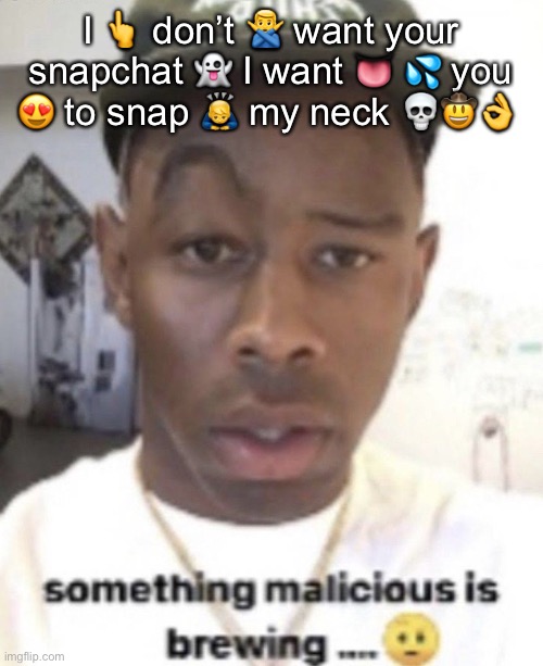 I ? don’t ?‍♂️ want your snapchat ? I want ? ? you ? to snap ?‍♂️ my neck ??? | I 👆 don’t 🙅‍♂️ want your snapchat 👻 I want 👅 💦 you 😍 to snap 🙇‍♂️ my neck 💀🤠👌 | image tagged in something malicious is brewing | made w/ Imgflip meme maker