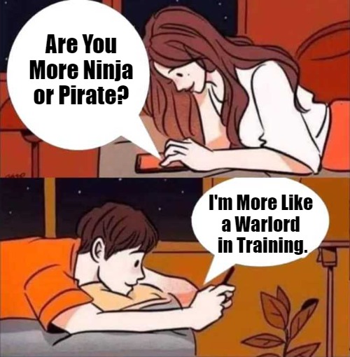 Modern Romantic Texting | Are You More Ninja or Pirate? I'm More Like 
a Warlord 
in Training. | image tagged in boy and girl texting,truth about dating,visionary romantics,clown world,world occupied,young love 2020s | made w/ Imgflip meme maker