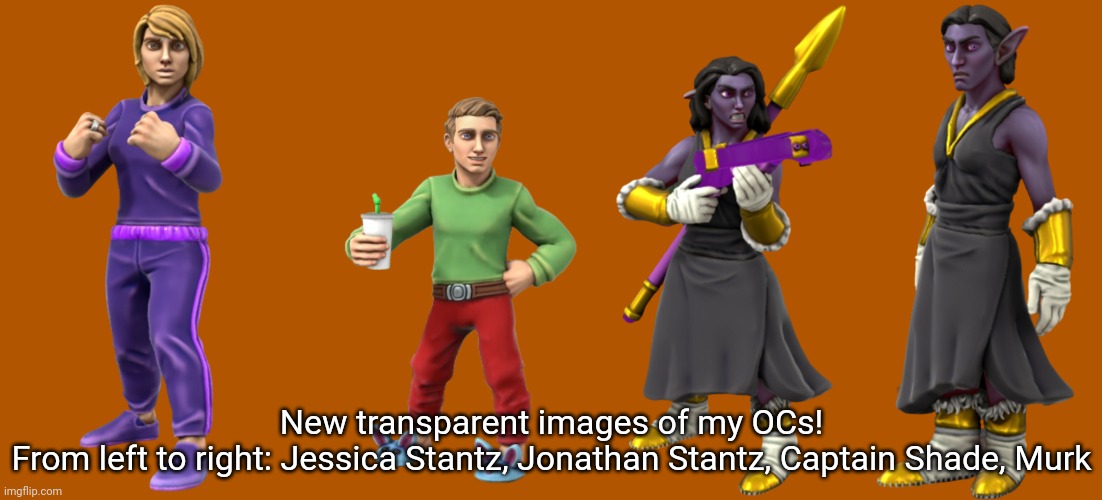 They all have some connections to Gingerbread Man or Candystripe | New transparent images of my OCs!
From left to right: Jessica Stantz, Jonathan Stantz, Captain Shade, Murk | made w/ Imgflip meme maker