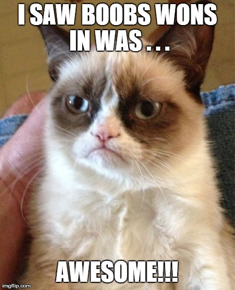 Grumpy Cat Meme | I SAW BOOBS WONS IN WAS . . . AWESOME!!! | image tagged in memes,grumpy cat | made w/ Imgflip meme maker