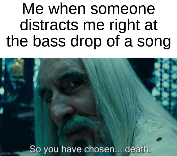 Me when someone distracts me right at the bass drop of a song | image tagged in memes,blank transparent square,so you have chosen death,edm | made w/ Imgflip meme maker