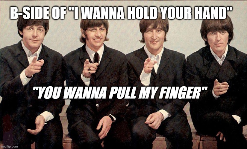 You Wanna Pull My Finger |  B-SIDE OF "I WANNA HOLD YOUR HAND"; "YOU WANNA PULL MY FINGER" | image tagged in the beatles,classic rock,pull my finger,hold your hand,satire | made w/ Imgflip meme maker