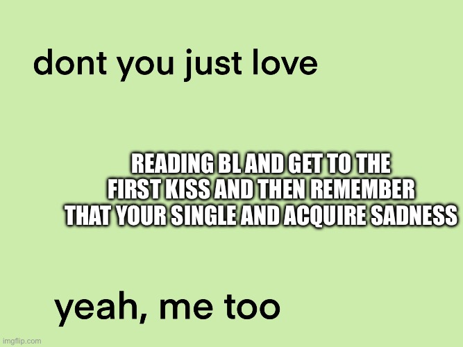 (;-;) | READING BL AND GET TO THE FIRST KISS AND THEN REMEMBER THAT YOUR SINGLE AND ACQUIRE SADNESS | image tagged in dont you just love blank yeah me too | made w/ Imgflip meme maker
