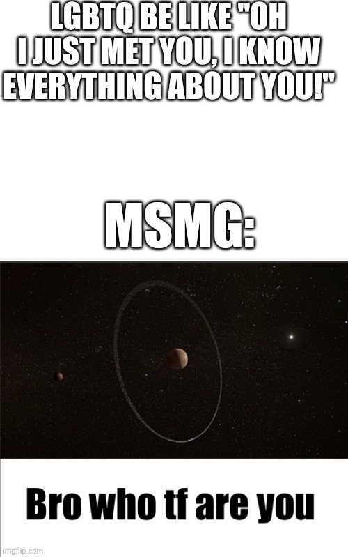 Scheisse | LGBTQ BE LIKE "OH I JUST MET YOU, I KNOW EVERYTHING ABOUT YOU!"; MSMG: | image tagged in bro who tf are you quaoar | made w/ Imgflip meme maker