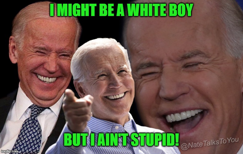 Joe Biden Laughing | I MIGHT BE A WHITE BOY BUT I AIN'T STUPID! | image tagged in joe biden laughing | made w/ Imgflip meme maker