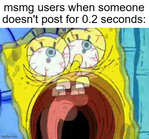 Spongebob Screaming | msmg users when someone doesn't post for 0.2 seconds: | image tagged in spongebob screaming | made w/ Imgflip meme maker