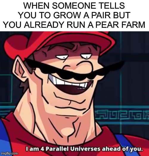 More like PEARallel universes, amirite | WHEN SOMEONE TELLS YOU TO GROW A PAIR BUT YOU ALREADY RUN A PEAR FARM | image tagged in i am 4 parallel universes ahead of you,memes,funny,funny memes,meme | made w/ Imgflip meme maker
