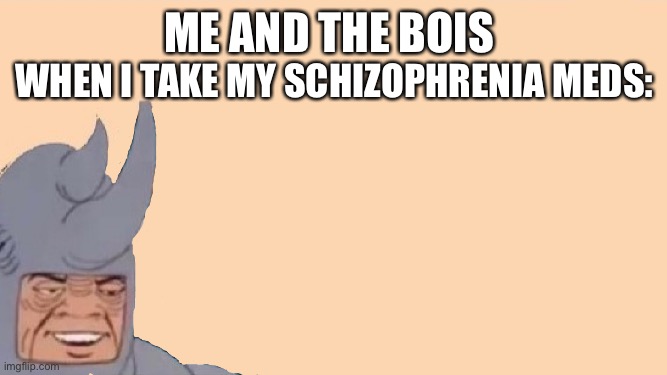 They’re still real in my mind | ME AND THE BOIS; WHEN I TAKE MY SCHIZOPHRENIA MEDS: | image tagged in me and the boys just me | made w/ Imgflip meme maker