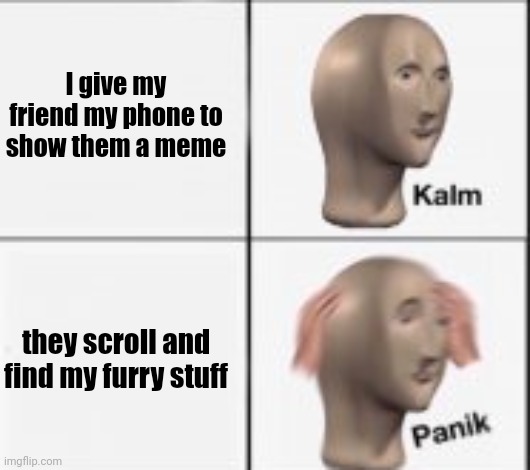 kalm panick | I give my friend my phone to show them a meme; they scroll and find my furry stuff | image tagged in kalm panick | made w/ Imgflip meme maker