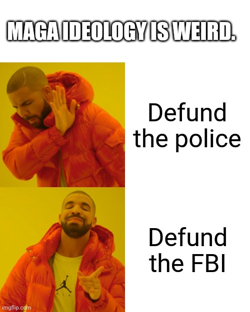 Drake Hotline Bling | MAGA IDEOLOGY IS WEIRD. Defund the police; Defund the FBI | image tagged in memes,drake hotline bling,hypocrisy,right wing,maga,liberals | made w/ Imgflip meme maker