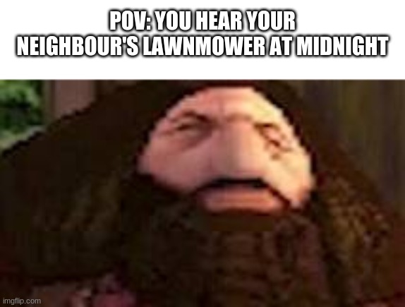 PS1 Hagrid | POV: YOU HEAR YOUR NEIGHBOUR'S LAWNMOWER AT MIDNIGHT | image tagged in ps1 hagrid | made w/ Imgflip meme maker