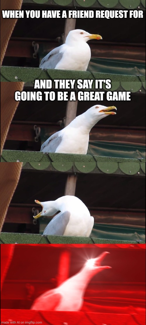 Inhaling Seagull | WHEN YOU HAVE A FRIEND REQUEST FOR; AND THEY SAY IT'S GOING TO BE A GREAT GAME | image tagged in memes,inhaling seagull | made w/ Imgflip meme maker