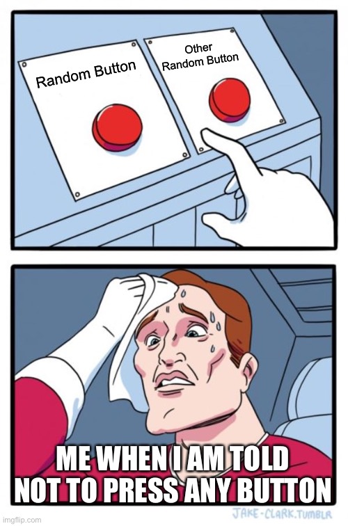 Me and Buttons | Other Random Button; Random Button; ME WHEN I AM TOLD NOT TO PRESS ANY BUTTON | image tagged in memes,two buttons | made w/ Imgflip meme maker