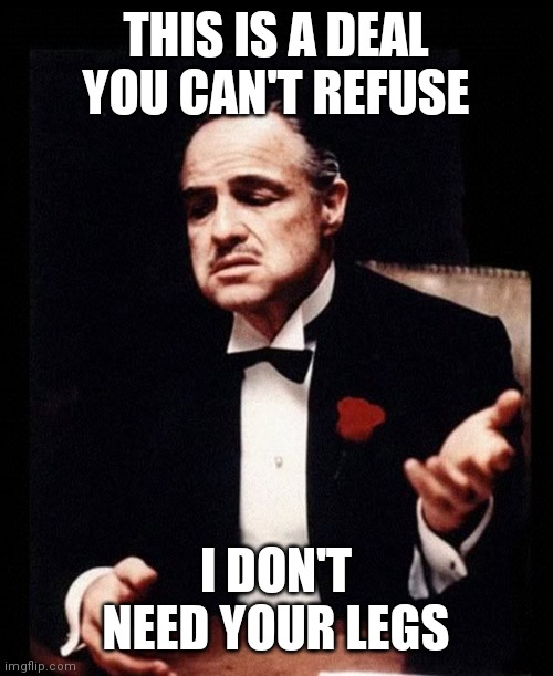 mafia don corleone | THIS IS A DEAL YOU CAN'T REFUSE I DON'T NEED YOUR LEGS | image tagged in mafia don corleone | made w/ Imgflip meme maker