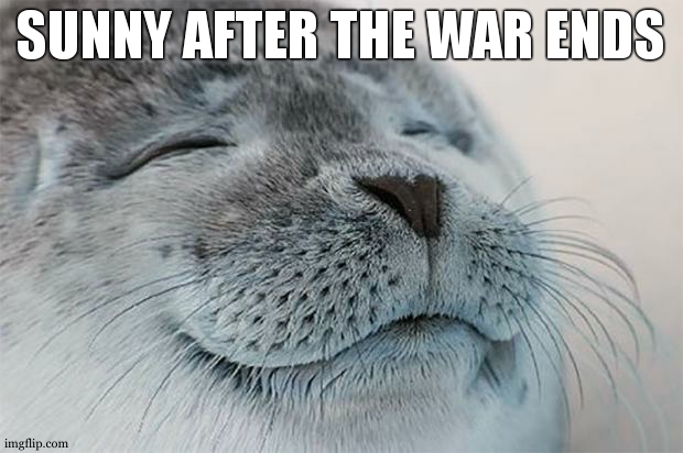 Satisfied Seal Meme | SUNNY AFTER THE WAR ENDS | image tagged in memes,satisfied seal | made w/ Imgflip meme maker