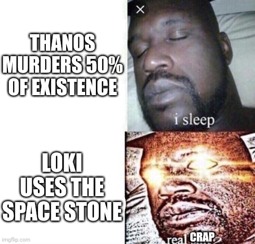i sleep real shit | THANOS MURDERS 50% OF EXISTENCE LOKI USES THE SPACE STONE CRAP | image tagged in i sleep real shit | made w/ Imgflip meme maker