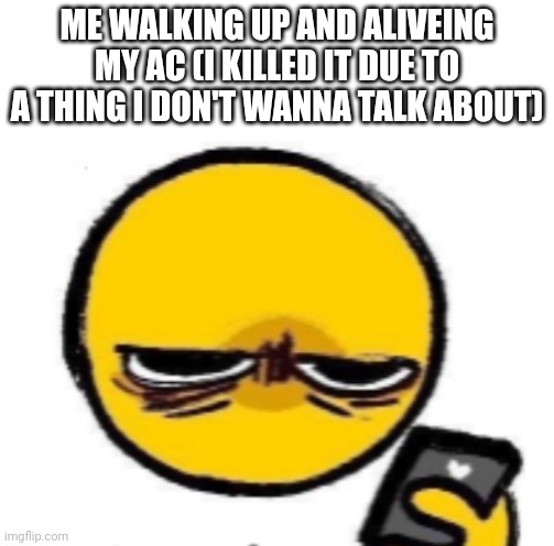 I'm all good now! | ME WALKING UP AND ALIVEING MY AC (I KILLED IT DUE TO A THING I DON'T WANNA TALK ABOUT) | image tagged in woke up | made w/ Imgflip meme maker