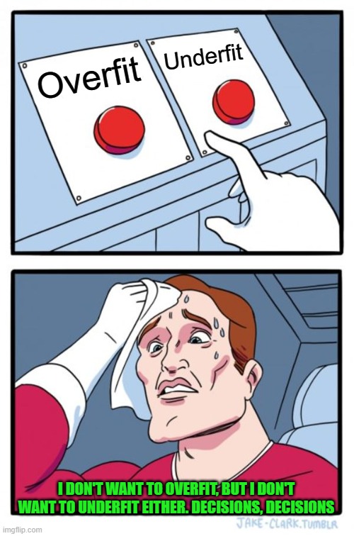 Overfit vs Underfit | Underfit; Overfit; I DON'T WANT TO OVERFIT, BUT I DON'T WANT TO UNDERFIT EITHER. DECISIONS, DECISIONS | image tagged in memes,two buttons | made w/ Imgflip meme maker