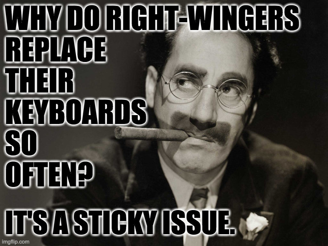 Thoughtful Groucho | WHY DO RIGHT-WINGERS
REPLACE
THEIR
KEYBOARDS
SO
OFTEN? IT'S A STICKY ISSUE. | image tagged in thoughtful groucho | made w/ Imgflip meme maker