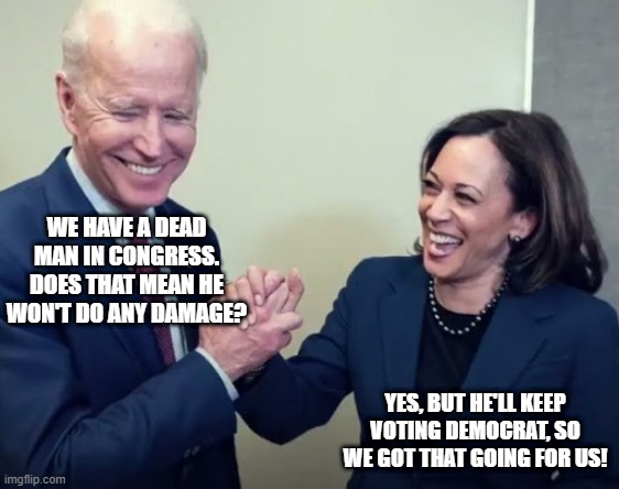 Biden and Harris | WE HAVE A DEAD MAN IN CONGRESS. DOES THAT MEAN HE WON'T DO ANY DAMAGE? YES, BUT HE'LL KEEP VOTING DEMOCRAT, SO WE GOT THAT GOING FOR US! | image tagged in biden and harris | made w/ Imgflip meme maker