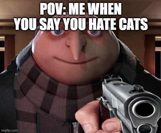 Gru Gun |  POV: ME WHEN YOU SAY YOU HATE CATS | image tagged in gru gun | made w/ Imgflip meme maker