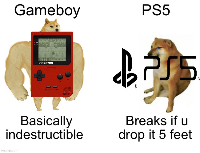 90s kids: *laughs in indestructible gameboy* | Gameboy; PS5; Basically indestructible; Breaks if u drop it 5 feet | image tagged in memes,buff doge vs cheems | made w/ Imgflip meme maker