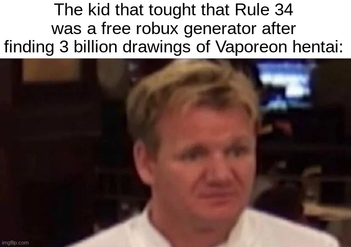 I dunno if this is NSFW, but if it is, sorry. | The kid that tought that Rule 34 was a free robux generator after finding 3 billion drawings of Vaporeon hentai: | image tagged in chef gordon ramsay,r34,free robux | made w/ Imgflip meme maker