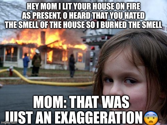 Little girl takes it too far? | HEY MOM I LIT YOUR HOUSE ON FIRE AS PRESENT, O HEARD THAT YOU HATED THE SMELL OF THE HOUSE SO I BURNED THE SMELL; MOM: THAT WAS JUST AN EXAGGERATION😨 | image tagged in memes,disaster girl | made w/ Imgflip meme maker