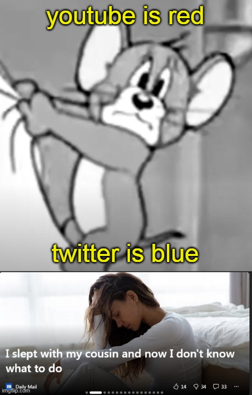 youtube is red; twitter is blue | image tagged in awww the skrunkly | made w/ Imgflip meme maker
