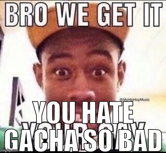 @CookieBoy100 | YOU HATE GACHA SO BAD | image tagged in bro we get it you're gay | made w/ Imgflip meme maker